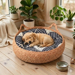 Round Rattan Cat <b>Bed</b> Breathable All Season Medium Cat House Pet Furniture Soft Cozy Comfortable Indoor Sleeping <b>Nest</b> - Product Image 3