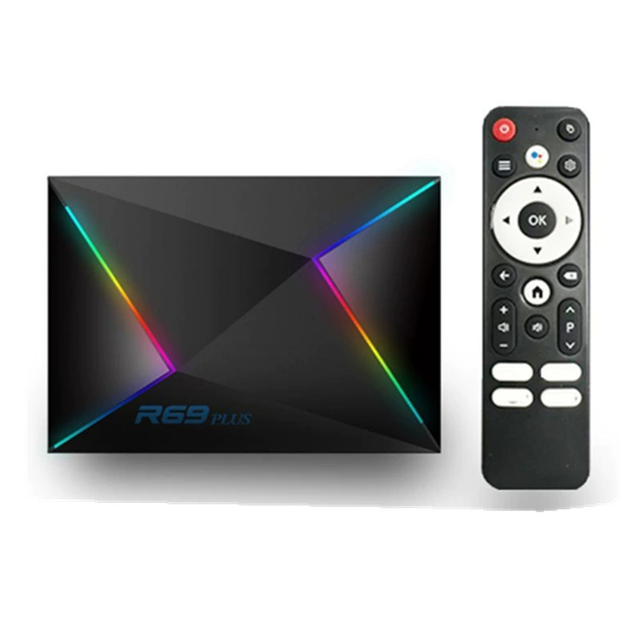 New Smart TV Box Streaming R69 Plus 4K H728 Octa Core Android 14 2GB RAM 16GB ROM with RGB Light Dual Band Wi-Fi