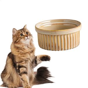 Mangkuk kucing dan anjing keramik dengan 4ML kapasitas, pengumpan hewan peliharaan pelindung leher garis-garis berubah tempat pembakaran coklat desain miring untuk makanan - Product Image 1