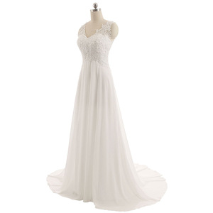 Lace A-Line Bridal Gown White Ivory V-Neck Chiffon Wedding Dress Natural Waistline Simple Elegant Style - Product Image 2