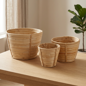 Ensemble de 3 paniers de rangement en rotin, contenants ronds en fibres naturelles pour l'organisation du salon, style rustique - Product Image 1