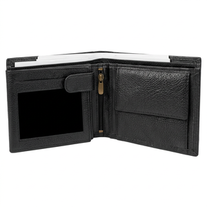 Portefeuille court homme en cuir pleine fleur noir 2026, fermeture éclair, six emplacements pour cartes, protection RFID, format pays - Product Image 1