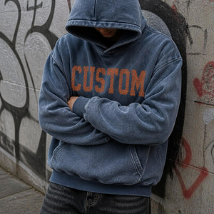Sweat à capuche personnalisé avec logo pour homme, en coton délavé, coupe ample, style streetwear, coupe carrée, automne-hiver pour homme - Product Image 4