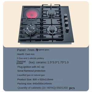 Zhongshan Cooktop Build in Black Tempered Glass Cast Iron Pan Support Kitchen 3 Burner Gas Hob and 1 <b>Electric</b> <b>Hotplate</b> - Product Image 3