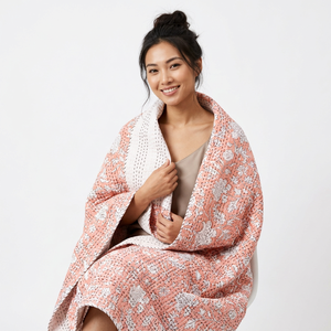 Colcha Kantha india hecha a mano, estampada con bloques, reversible, vintage, ecológica, para todas las estaciones, tamaño doble, 100% algodón orgánico, 220g - Product Image 1