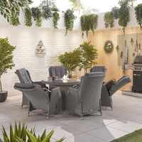 Ensemble de mobilier de jardin luxueux pour patio extérieur, foyer rond de 1,5 m, table de foyer, 6 chaises de salle à manger réglables, ensemble de salle à manger d'extérieur