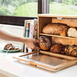 Boîte à pain en bambou à double couche avec porte en verre pour le rangement de la cuisine à domicile 38x15.5x29cm - Product Image 3