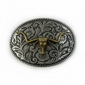 Hebilla <span class=keywords><strong>de</strong></span> cinturón vaquera unisex con cabeza <span class=keywords><strong>de</strong></span> toro Longhorn plateada, <span class=keywords><strong>de</strong></span> bronce envejecido, ovalada, floral y con filigrana grabada - Product Image 1