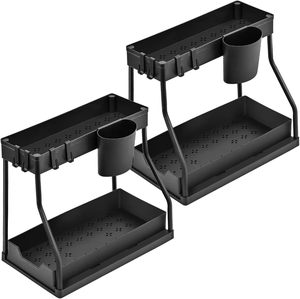 2 Pezzi Organizzatore Sottolavello Moderno a 2 Livelli Nero, Scaffale Scorrevole in Plastica per Organizzazione <span class=keywords><strong>Detersivi</strong></span> Cucina e Bagno - Product Image 5