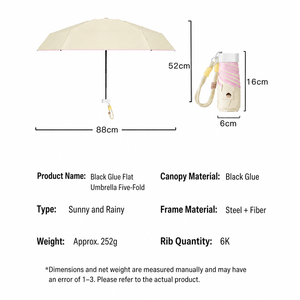 Mini parapluie de poche manuel, ouverture facile, diamètre 88 cm, 252 g, léger, protection anti-UV, personnalisable, pliable en 5 sections, cadeaux d'affaires pour adultes, avec logo - Product Image 2