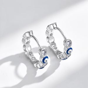 Dylam in Stock S925 <b>Silver</b> Rhodium Plated Sapphire Spiritual Turkish Protection 5A Zirconia Enamel Evil Blue Eyes <b>Hoop</b> Earrings - Product Image 4