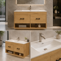 Meuble-lavabo mural moderne pour salle de bain, finition grain de bois, étagère ouverte en option, lavabo à poser, mobilier de salle de bain personnalisé OEM