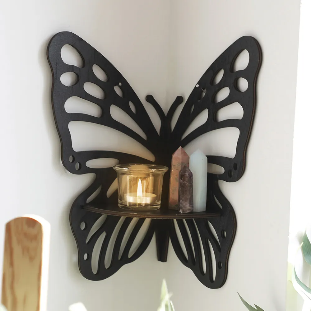 Boho Butterfly Crystal Display Shelf Wooden Stand Corner Decoration Wall Hanging Jewelry Holder Storage Organizer House Decor