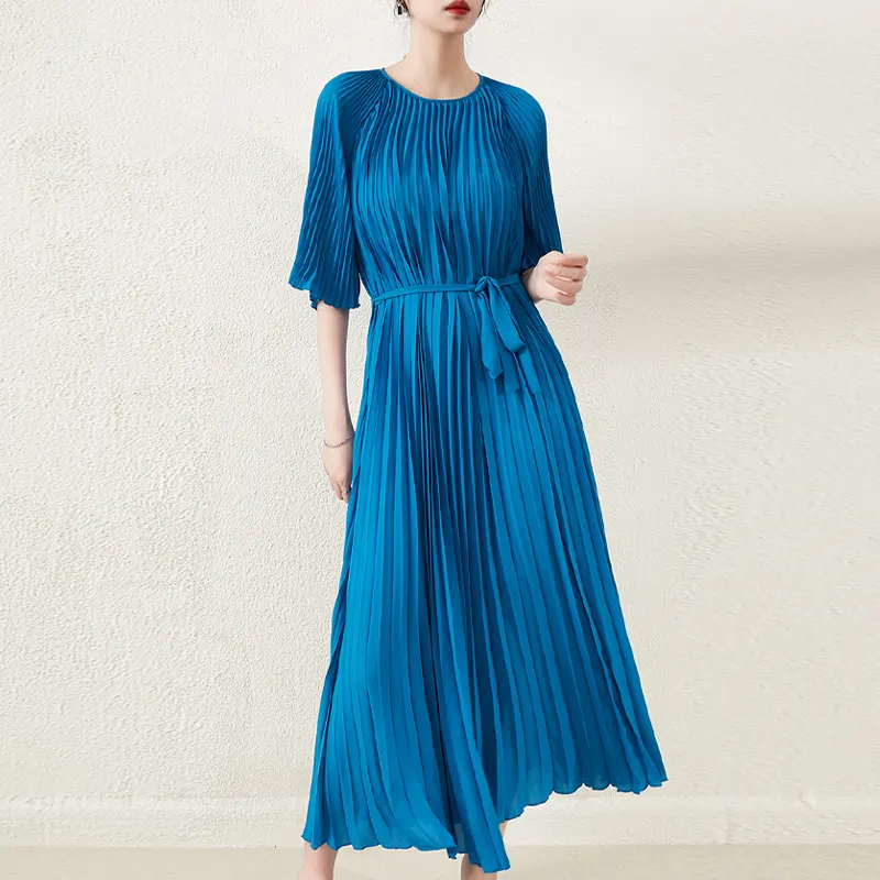 2022 New Design Dresses Women Lady Elegant Belted Casual Pleated Dresses