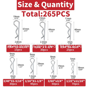 Heavy Duty R Shaped Cotter Pin Assortment 265Pcs Stainless Steel Spring Pins For General Use - Product Image 3