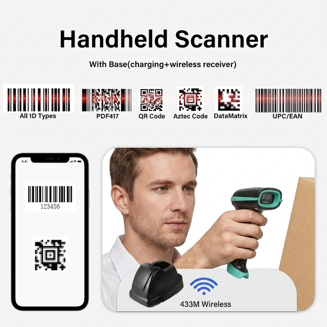 Long Distance 433M Wireless CIS USB Industrial Barcode Scanner 1D 2D Code Reader Handheld for Warehouse Transport in Stock