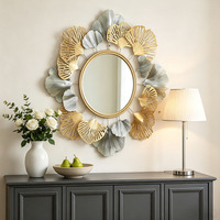 Miroir mural moderne de luxe en métal en forme de feuille de Ginkgo - Or et argent bicolore, miroir décoratif 3D effet soleil pour hôtel et salon