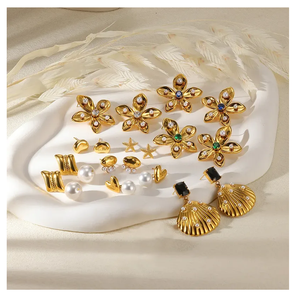 Pendientes de tuerca de circón con perlas chapadas en oro PVD Retro Vintage, diseño de estilo oceánico, pendientes en espiral de acero inoxidable antideslustre - Product Image 4