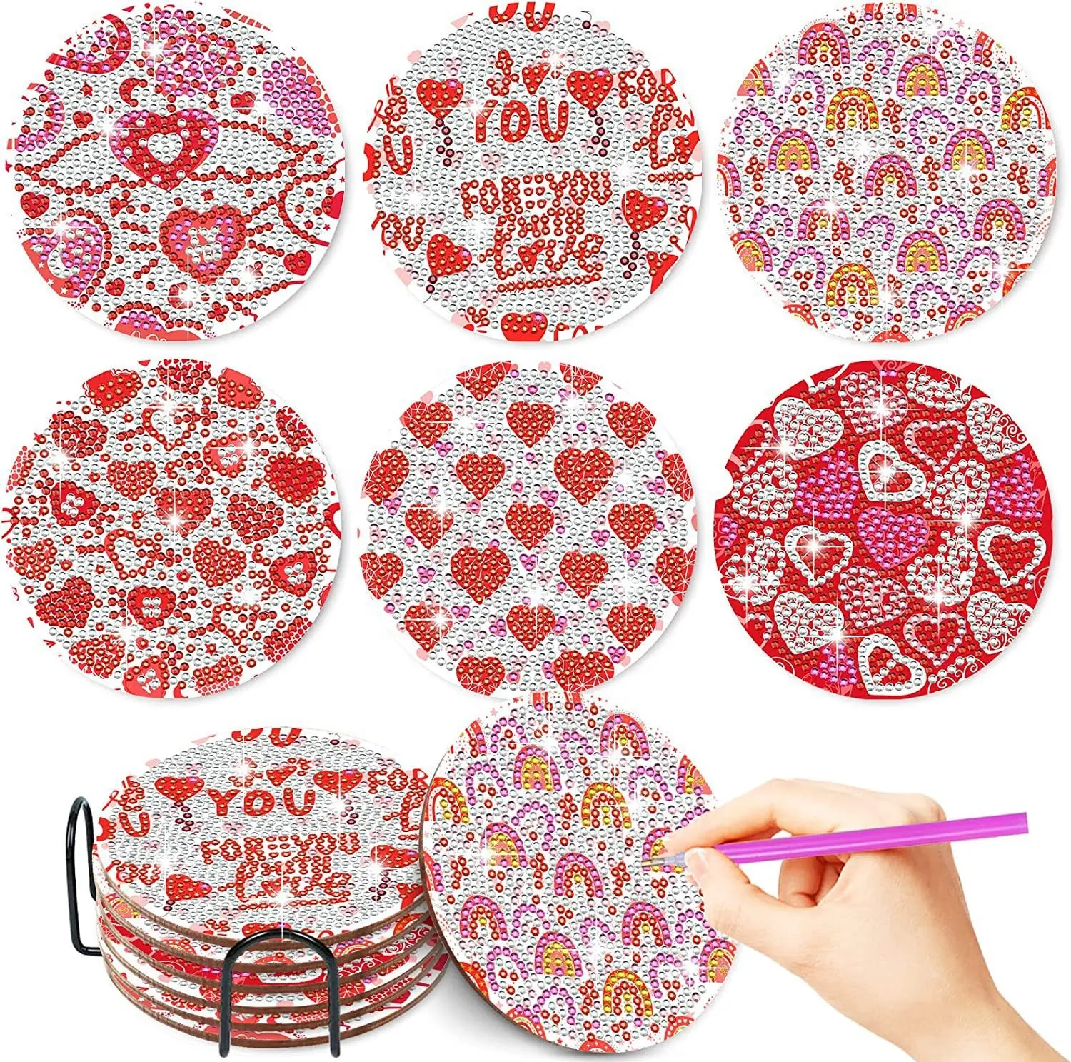 Grosir kustom 6 buah set 5D hati bulat Valentine DIY berlian Seni lukisan Kit Coaster