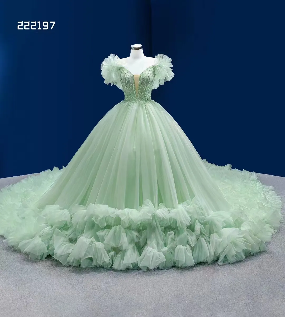 Feishiluo Wholesale Long Cathedral Train Women Wedding Ball Gowns Light Green Tulle Evening Dresses
