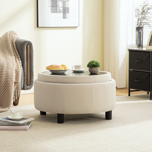 Modern Hotel Apartment 29.33" Upholstered Ottoman <b>with</b> Reversible Lid Fleece Fabric <b>Storage</b> <b>Stool</b> Hand-pulled Buckle Decoration - Product Image 6