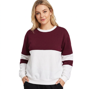 Pull à col rond pour femme, à blocs de couleur, manches longues, décontracté, en coton tricoté, hiver, 120g, blanc et bordeaux - Product Image 1