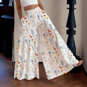 Pantalon droit décontracté pour femme, taille haute, ample, à taille élastique, fin, à jambe large, élégant, amincissant, polyvalent, motif floral féerique, Été 2026 - Product Image 3