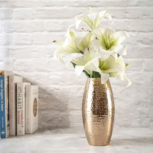 Fusion Style High-Gloss Hammered Finish Metal Accent <b>Vase</b> – Carved <b>Gold</b>-Tone Collar Tabletop Vessel for Luxury Home Staging - Product Image 1