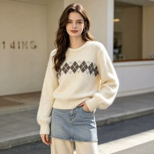 Cream <b>Argyle</b> Knit <b>Sweater</b> Women Crew Neck Pullover Long Sleeve Crocheted Knitwear Casual Daily Wear - Product Image 4