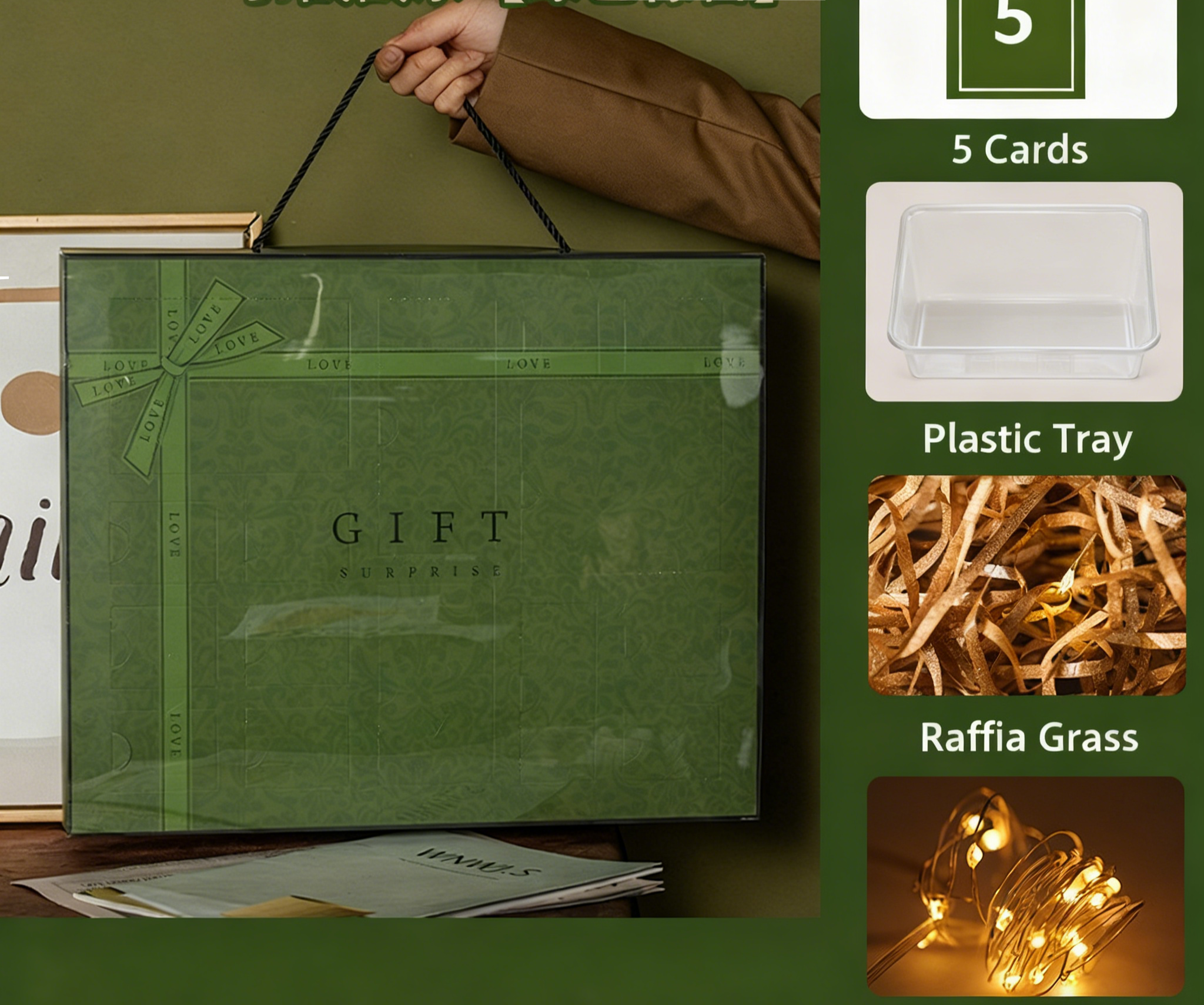 5 tarjetas - bandeja blíster - rafia ámbar dorado - luces de cadena