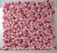 Panneau mural floral 3D en soie artificielle, style naturel carré, roses roses pour décoration de mariage et de maison