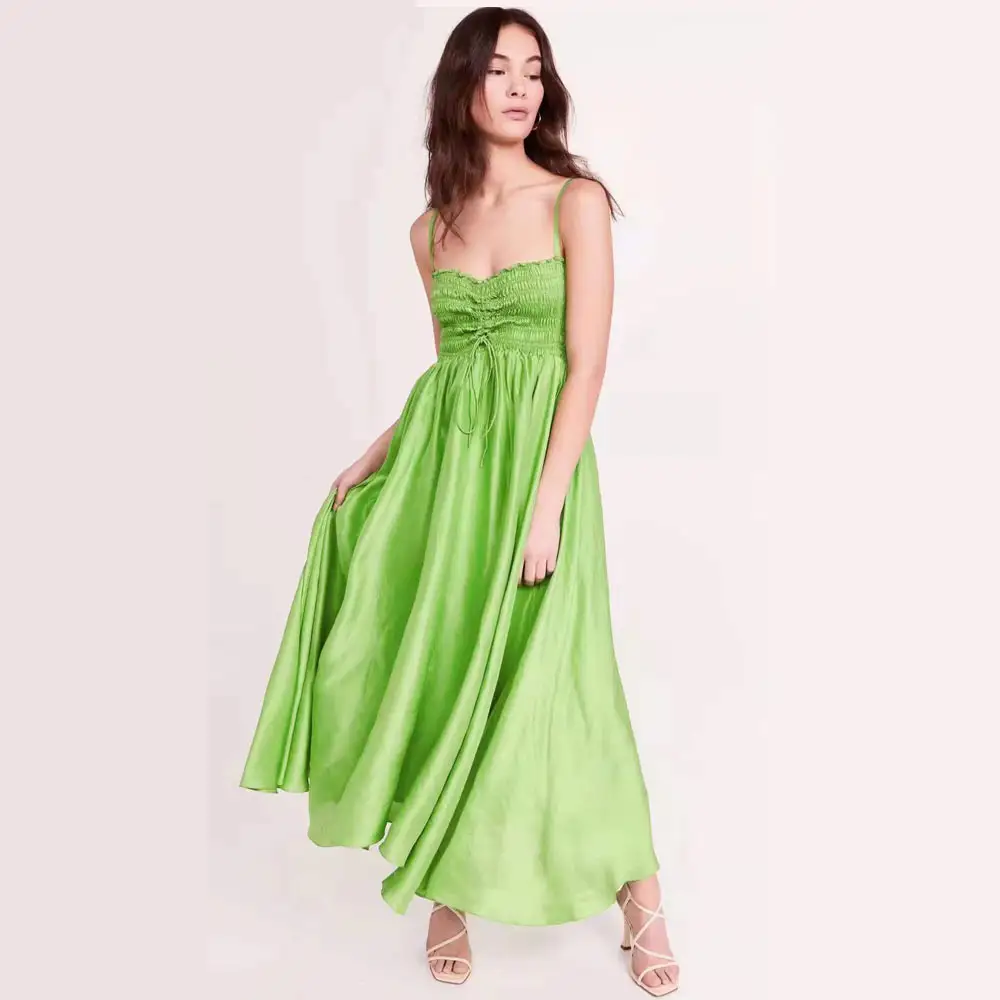 AW016ファッションサマースパゲッティストラップグリーンマキシドレスビーチセクシーな女性のロングドレス