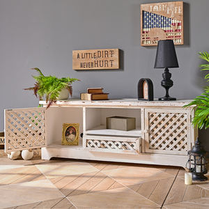 Meuble TV en bois massif fait main, durable, avec portes, couleur blanche, pour salon, appartement ou ferme - Product Image 4