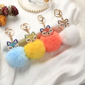 2024 New Trendy Creative Multi-colors Diamonds Sweet Fox Head Rhinestones Fur Ball Car Keychain Ring Women's Bag Pendant Gifts