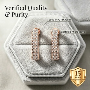 Luxury 18K Rose <b>Gold</b> Natural Diamond Brilliant Cut Triple Pave Rows U Shaped Hoop Earrings <b>Huggie</b> Hinge Clasp Certified for - Product Image 3