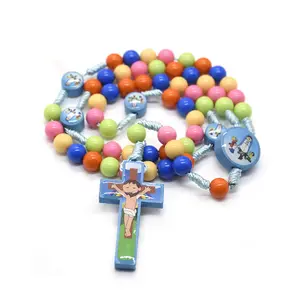 Children Plastic Colorful Round Beads Cross Pendant Rosary Necklace Christian Catholic Prayer Baptism Jewelry Accessories Gift