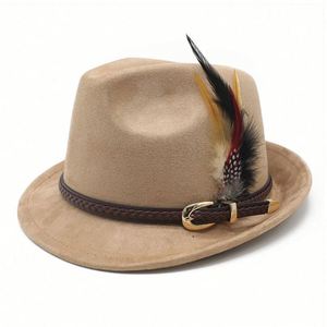 2025 New Autumn Winter Suede Fedora <b>Hat</b> Classic Simple Jazz <b>Hat</b> Short Brim Feather Fedora <b>Hat</b> - Product Image 4