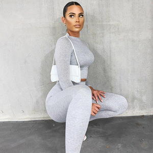 Automne hiver 2 pièces mode moulante à manches longues haut court tenues vêtements de <span class=keywords><strong>sport</strong></span> pantalons et haut décontracté <span class=keywords><strong>sport</strong></span> femmes ensembles - Product Image 6