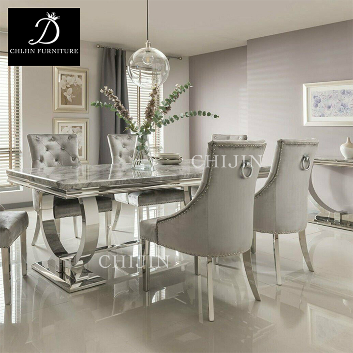 Modern Luxury Dining Table Set 8 Seater Furniture Stainless Steel Base