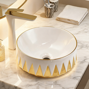 Lavabo Rotondo di Lusso in Ceramica, Lavandino Artistico Dorato in Porcellana da Appoggio per <span class=keywords><strong>Bagno</strong></span>, Lavabo per Sala da Pranzo, Lavabo per Progetti Alberghieri - Product Image 1