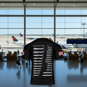 T-shirt Delta Airlines Fleet con stampa della bandiera degli Stati Uniti, collezione di aerei, maglietta per l'aviazione - Product Image 2