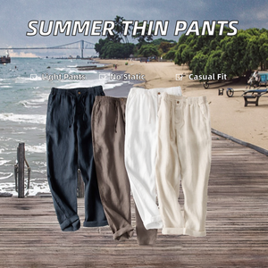 <span class=keywords><strong>Pantaloni</strong></span> Casual da <span class=keywords><strong>uomo</strong></span> estivi in <span class=keywords><strong>lino</strong></span> <span class=keywords><strong>100</strong></span>% bianco tinta piatta a vita media anteriore leggera ampia dritta - Product Image 2