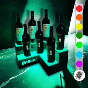 16Inch 2 Tier Led Bar Shelves 2 Step Liquor Bottle Display Stand Changing Lights Home with Wireless RGB Remote Control