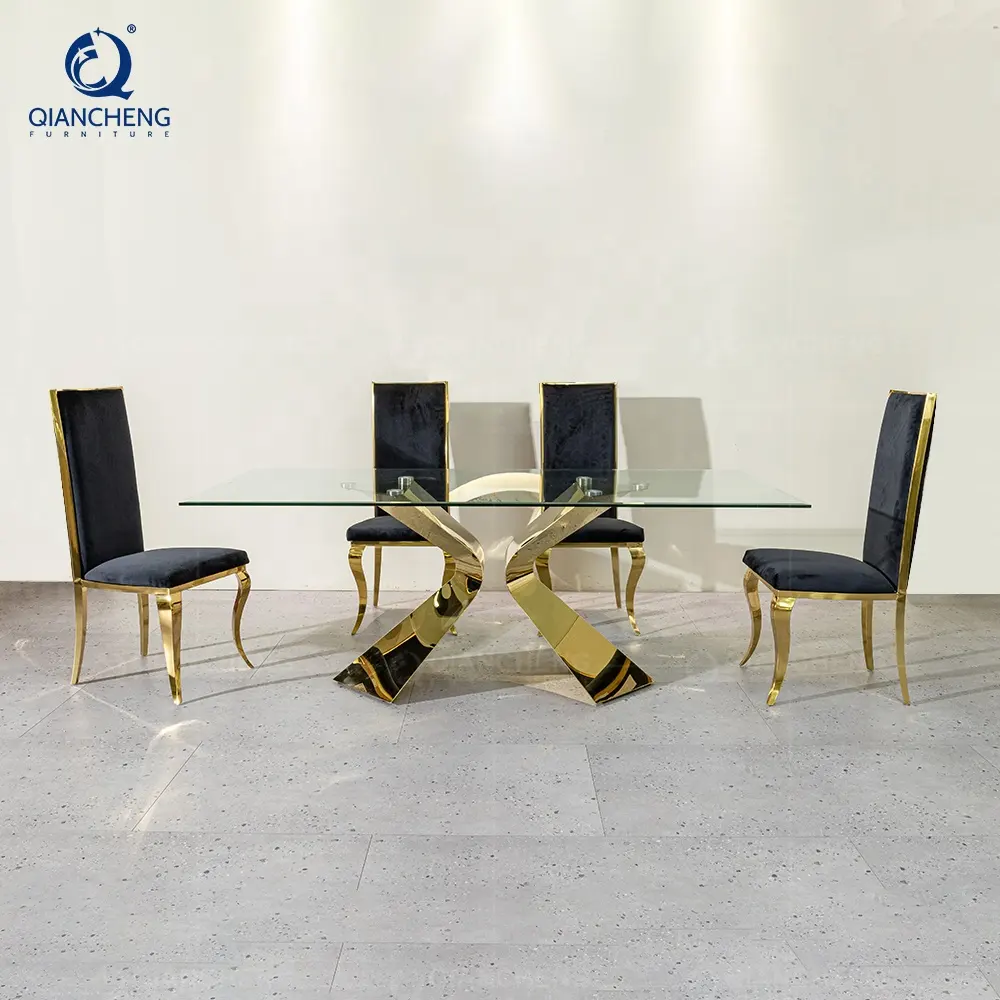 Qiacheng-Espejo dorado de lujo para comedor, muebles para el hogar, proveedor de 4 asientos, mesa de vidrio de fibra de vidrio