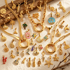 ของตกแต่งมินิสุดชิค |   จี้กันน้ำรูปเปียโน, โน้ตดนตรี, <span class=keywords><strong>ไมโครโฟน</strong></span>, ต้นปาล์ม, เปลือกหอยชายหาด ทำจากสแตนเลสสตีลชุบทอง 18k PVD - Product Image 3