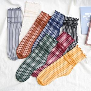 2025 Style japonais été volants manchette <span class=keywords><strong>Semi</strong></span> Transparent maillé Ultra mince métallique paillettes rayé brillant miroitant chaussettes pour les femmes - Product Image 1