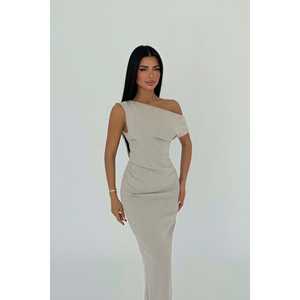 Robe de soirée beige ODM avec fente, style froncé, fleurs brodées, tailles XL, robe de bal, coupe droite, tissée pour les fêtes - Product Image 2