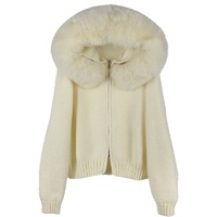 Manteau cardigan en tricot pour femme 2025, vêtement d'extérieur décontracté chaud d'hiver, respirant, capuche, col en fourrure de renard de luxe, doublure en laine teinte