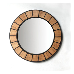 <span class=keywords><strong>Grand</strong></span> <span class=keywords><strong>miroir</strong></span> mural artisanal, décoration rustique moderne style ferme, accents en chêne naturel, design en bois brun et noir à motif soleil couchant pour salon - Product Image 1