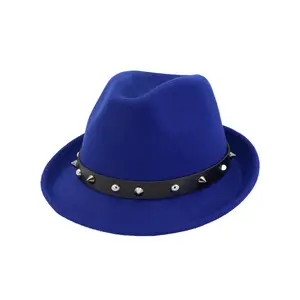 Sombreros Fedora de fieltro de lana australiana de invierno azul real con cinturón de remaches para mujer